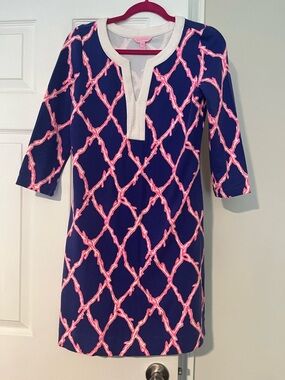Lilly Pulitzer Navy Shift Dress with Pink Lattice Print